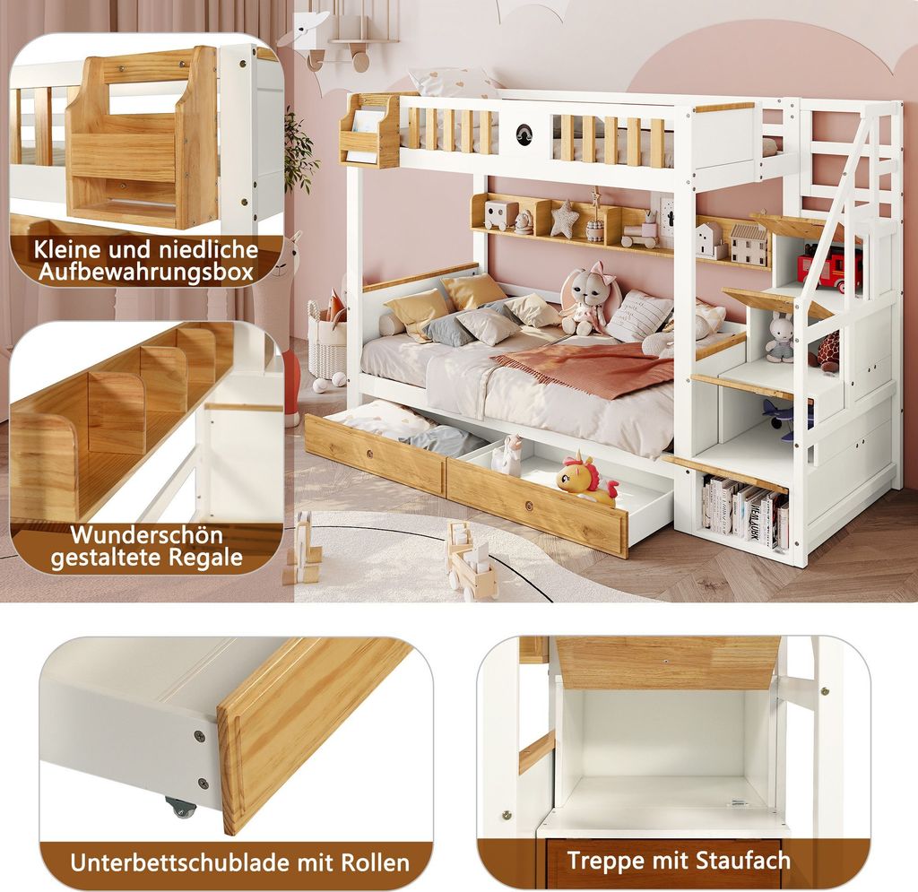 Etagenbett 90x200cm Kinderbett (Ohne Matratze) mit Treppe Produktbild 6