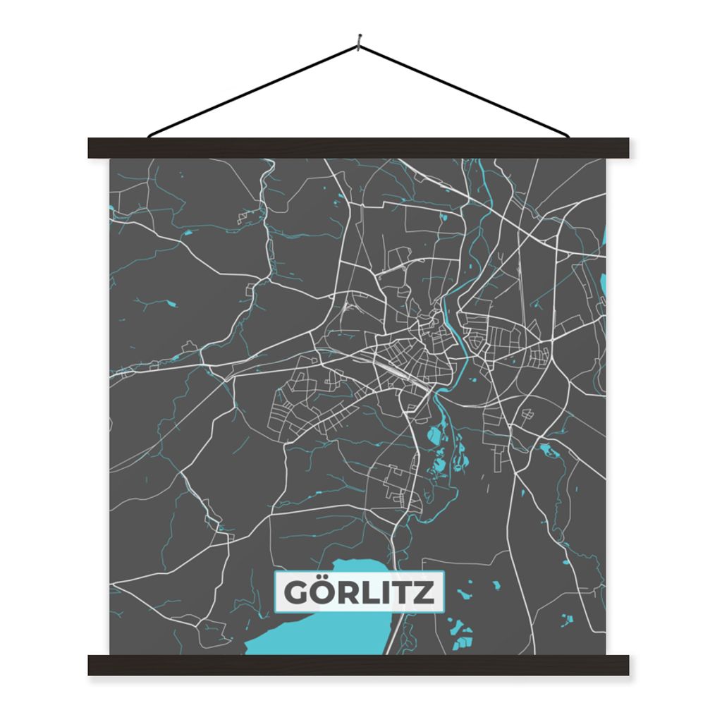MuchoWow Textilposter Stadtplan - Karte - Görlitz - Blau - Deutschland - Karte 40x40 cm mit schwarzem Rahmen - Fotos