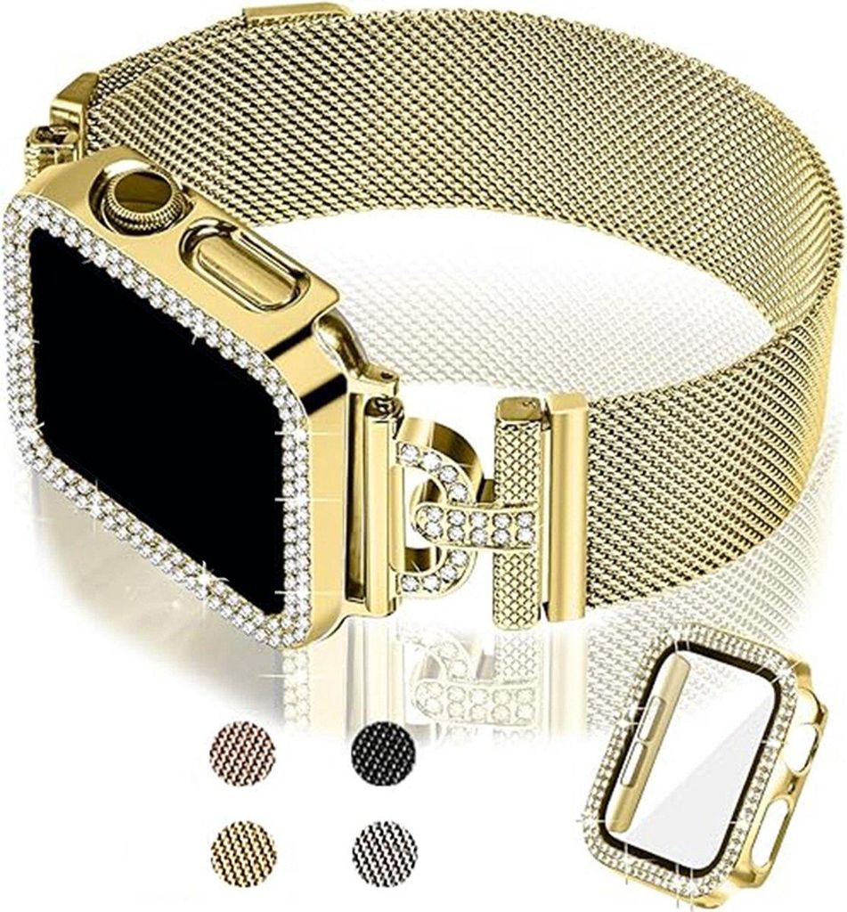 FFO2World schlankes Milanaise-Armband für Apple Watch 40 mm (SE 1–3, Serie 4–6), Magnetverschluss, Damenarmband mit Glitzer-Schutzhülle, Gold