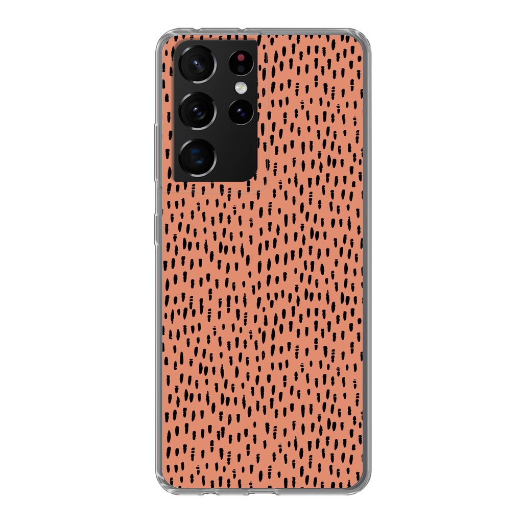 MuchoWow Handyhülle Schutzhülle Hülle für Samsung Galaxy S21 Ultra Polka dots - Schwarz - Orange Silikon Softcase Handy Hülle - Mobiltelefon