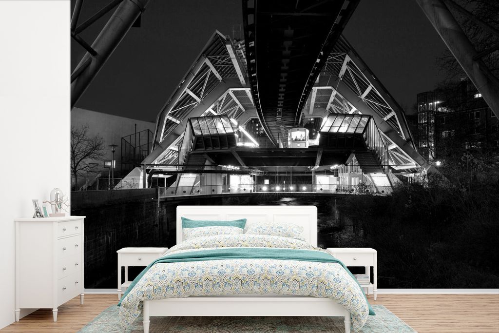 MuchoWow Fototapete für Wohnzimmer oder Schlafzimmer Wandtapete Vinyl Motivtapete Der farbenfrohe Bahnhof von Wuppertal - schwarz und weiß - 60...