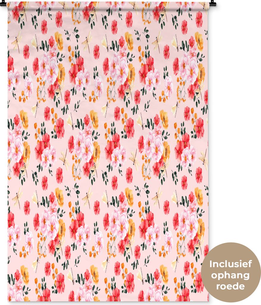 MuchoWow Wandteppich Wandbehang Blumen - Rosa - Muster 120x180 cm Tapisserie Dekoration Wandtuch - Schlafzimmer - Dekorationen für das Haus
