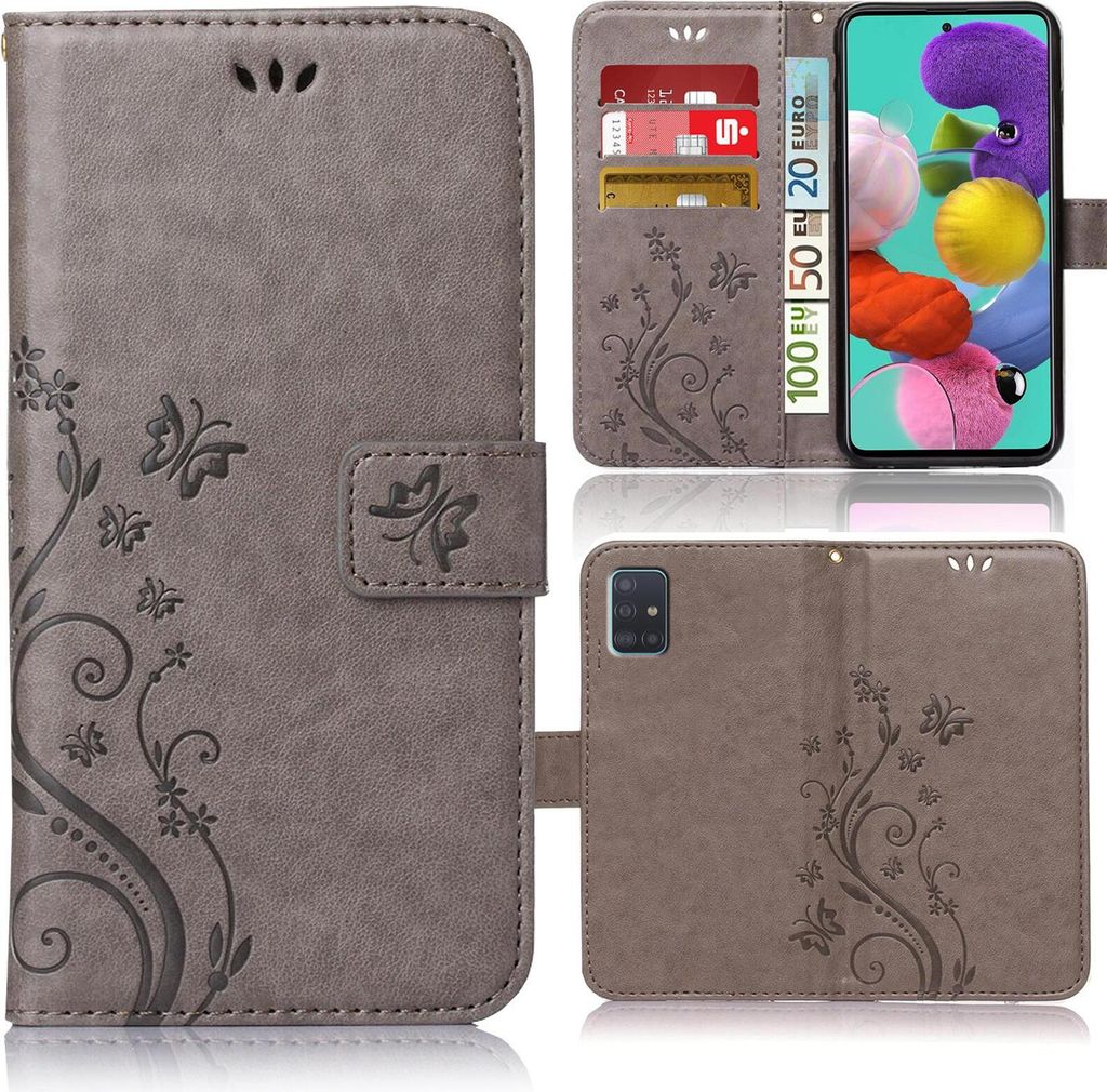 Handy Tasche für Samsung Galaxy A71 Schutz Hülle Handyhülle mit Blumenmuster Klapp Hülle mit Standfunktion und Kartenfächer Grau