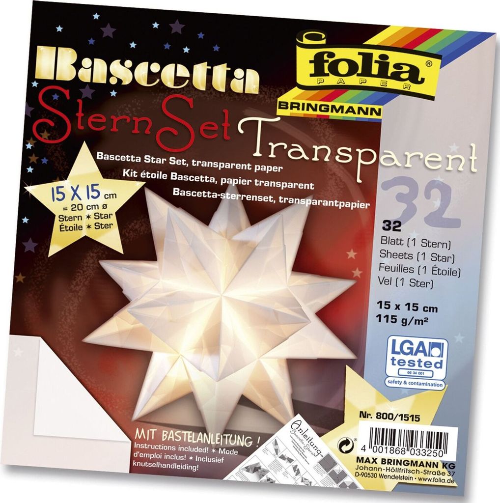 The image shows the packaging of a Bascetta Star Set, which includes transparent paper for making stars.