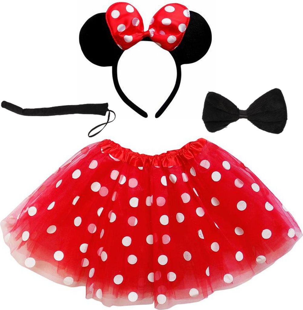 A collection of Minnie Mouse costume accessories laid out on a white background.