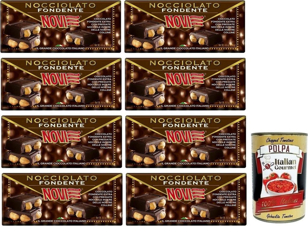 8x Novi Nocciolato Fondente con Nocciole Intere,Tafel Extra Dunkle Schokolade mit ganzen Haselnüssen 130g + Italian Gourmet Polpa di Pomodoro 400g...