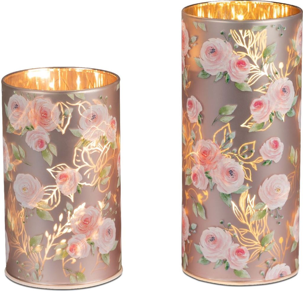 2er Set LED Tischlampen LA ROSE mit Rosendekor H. 15 + 20cm Rosa Glas Formano