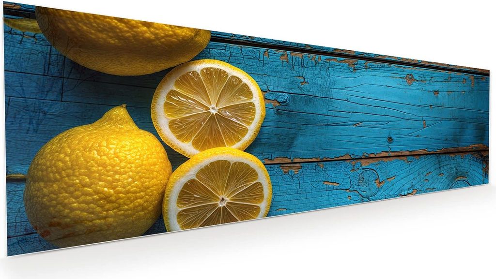 Glasbild 120x40cm in XXL für Wohnzimmer, Schlafzimmer Motiv Zitronen auf Holz