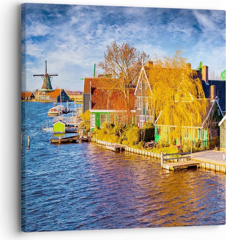 Bild auf Leinwand - Leinwandbild - Landschaft Windmühle Wasser Dorf - 30x30cm - Wand Bild - Wanddeko - Leinwanddruck - Bilder - Kunstdruck - Wandd...