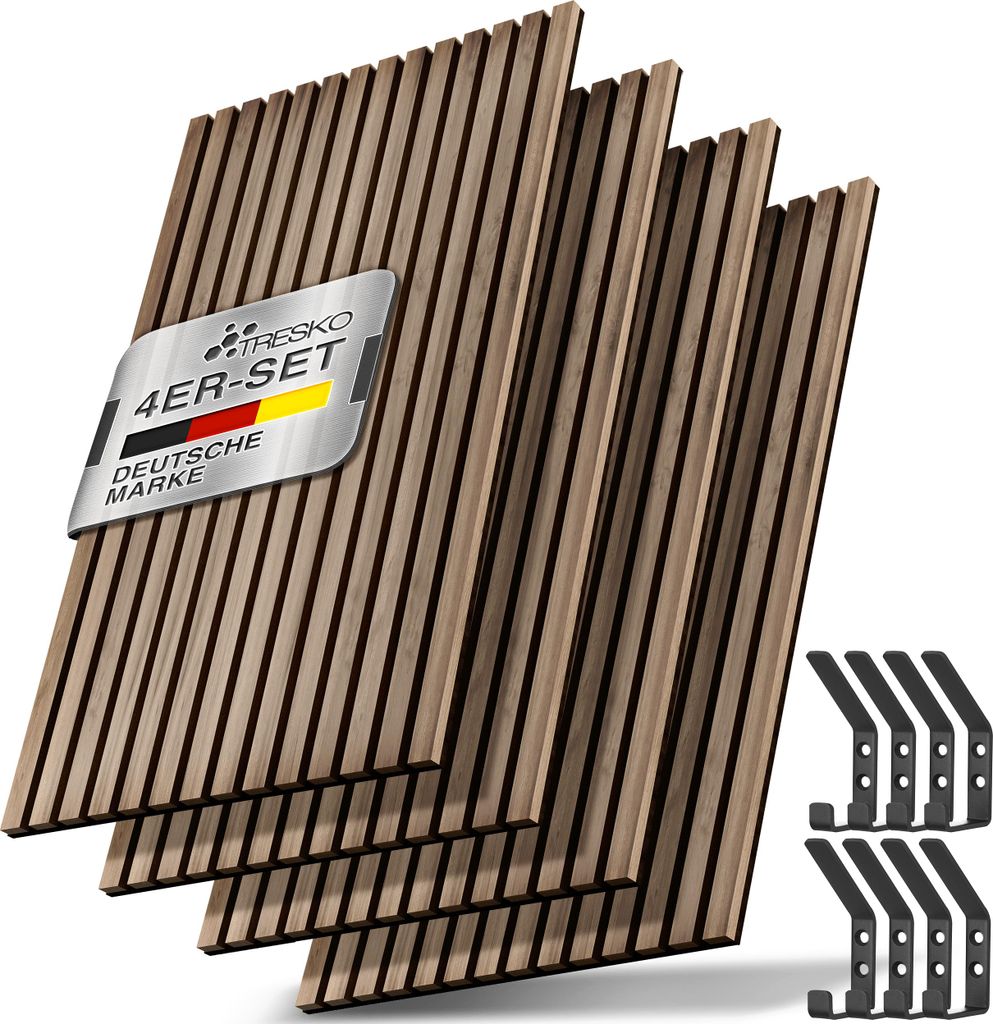 A set of wooden acoustic panels with a metal badge and several black hooks.