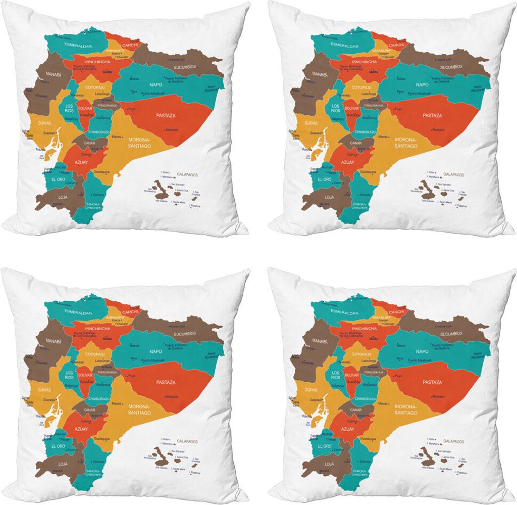 ABAKUHAUS Ecuador Kissenbezug Set (4 Stück), Kartographie Detaillierte Karte, Moderner Doppelseitiger Digitaldruck, 50 cm x 50 cm, Mehrfarbig