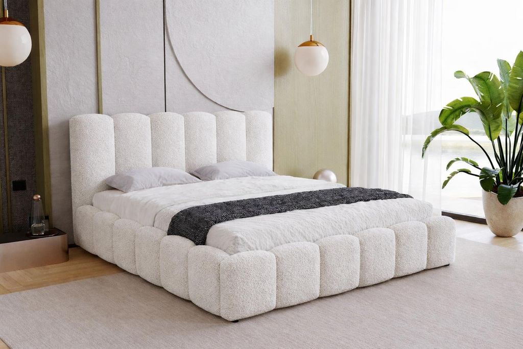 Doppelbett 140x200 cm Florent mit Bettkasten, Lattenrost - Bett Bouclé 140 x 200 cm, Creme (Lambi 1)