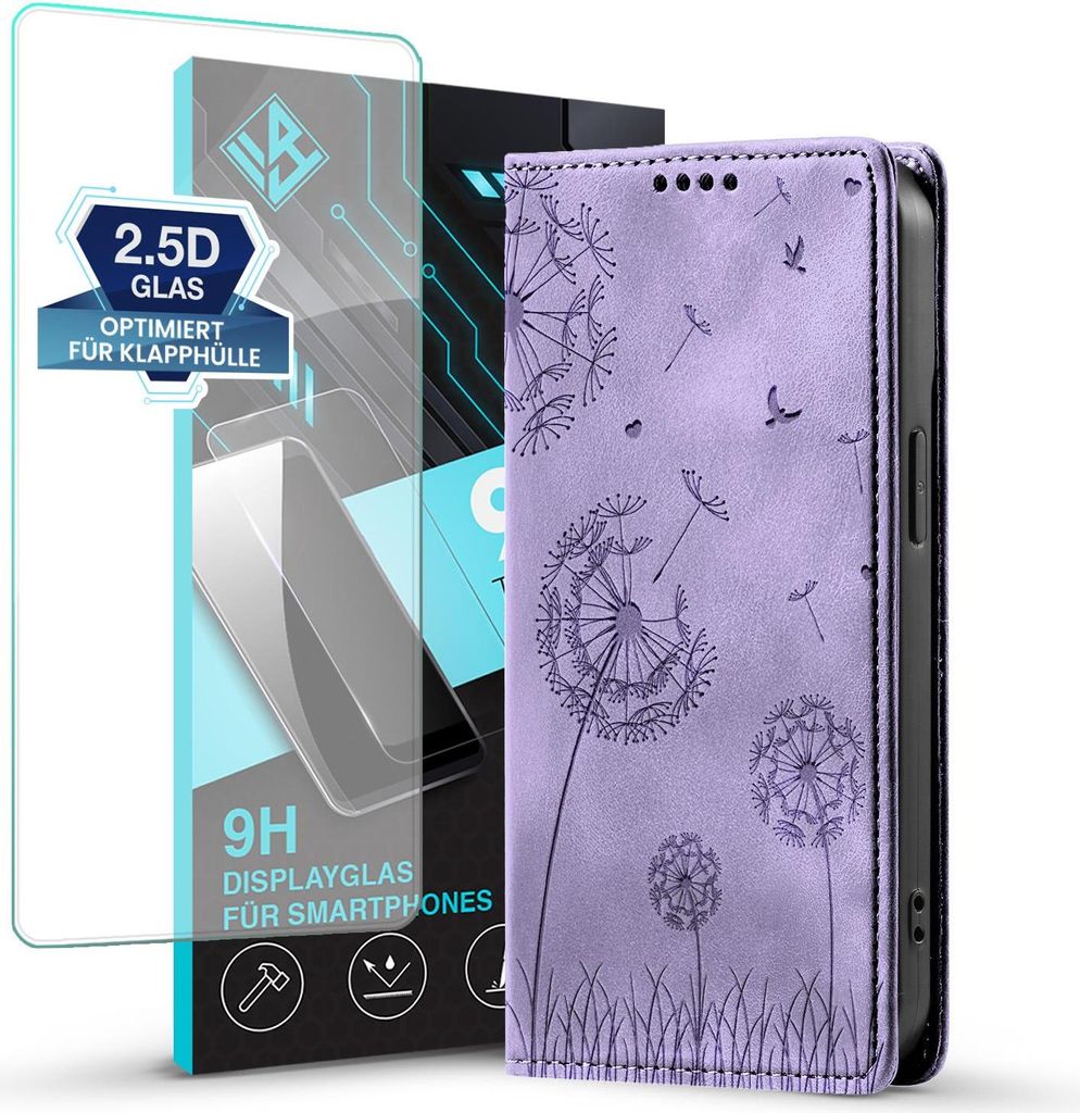 Handyhülle für Samsung Galaxy A37 5G RFID Schutz Klapphülle Case Cover Design Blume Pusteblume Schutzhülle mit 9H Displayglas Farbe: Violett