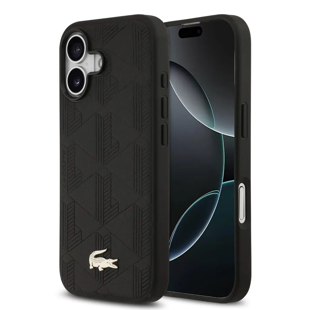 Coque iPhone 17 Lacoste anti-choc en simili cuir noir logo doré luxe