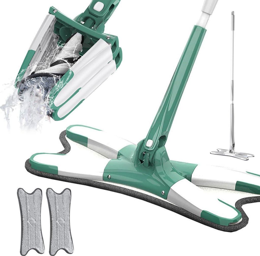 Wischmopp Bodenwischer, X-förmiger großer Flachwischer, 360° schwenkbares,Bodenwischer-Set mit 2 wiederverwendbaren Mikrofaser-Mop-Pads,grun