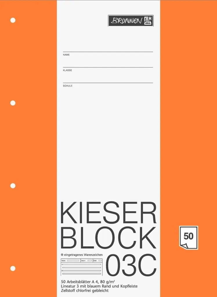 Bloc de Cours A4 Lignage 3 Brunnen Kieserblock pour Classeur 10 Unités