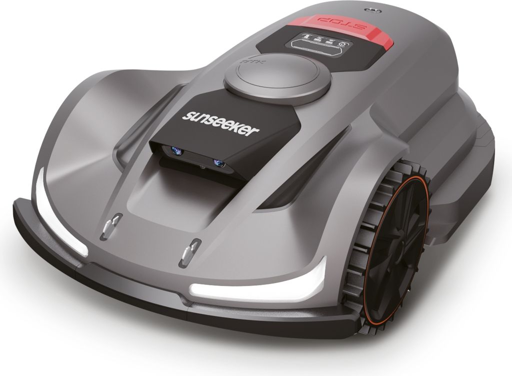 A robotic lawnmower shown from a front-diagonal angle on a white background.