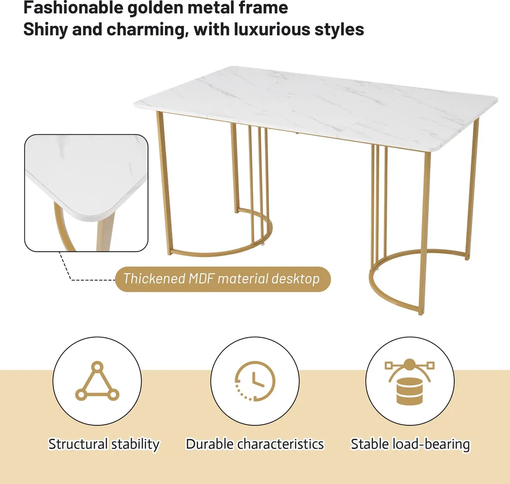 Sweiko 140 x 80cm tavolo da pranzo, (1-St), tavolo da cucina moderno, struttura in metallo tavolo da pranzo rettangolare in marmo moderno tavolo da cucina con gambe regolabili per sala da pranzo soggiorno, bianco / oro - 18