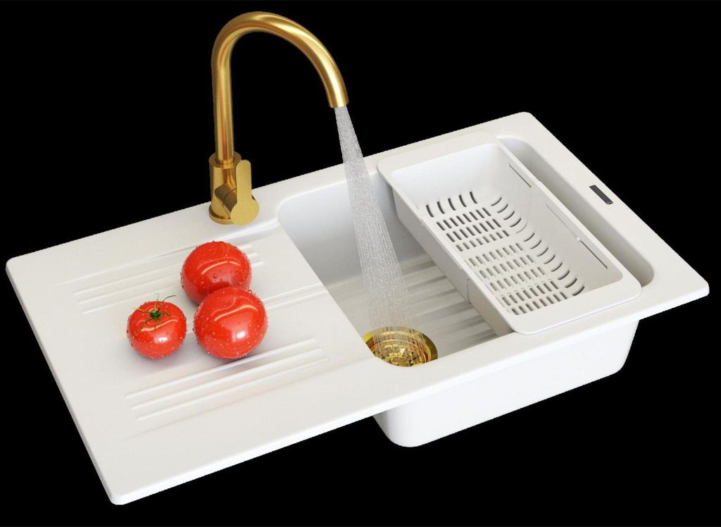 Granitan | GranitSpüle - Spülbecken -Kammer - 77,5x43,5 cm - Rechteckig - Weiß - mit Küchenarmatur - mit Abtropfgestell - ADA