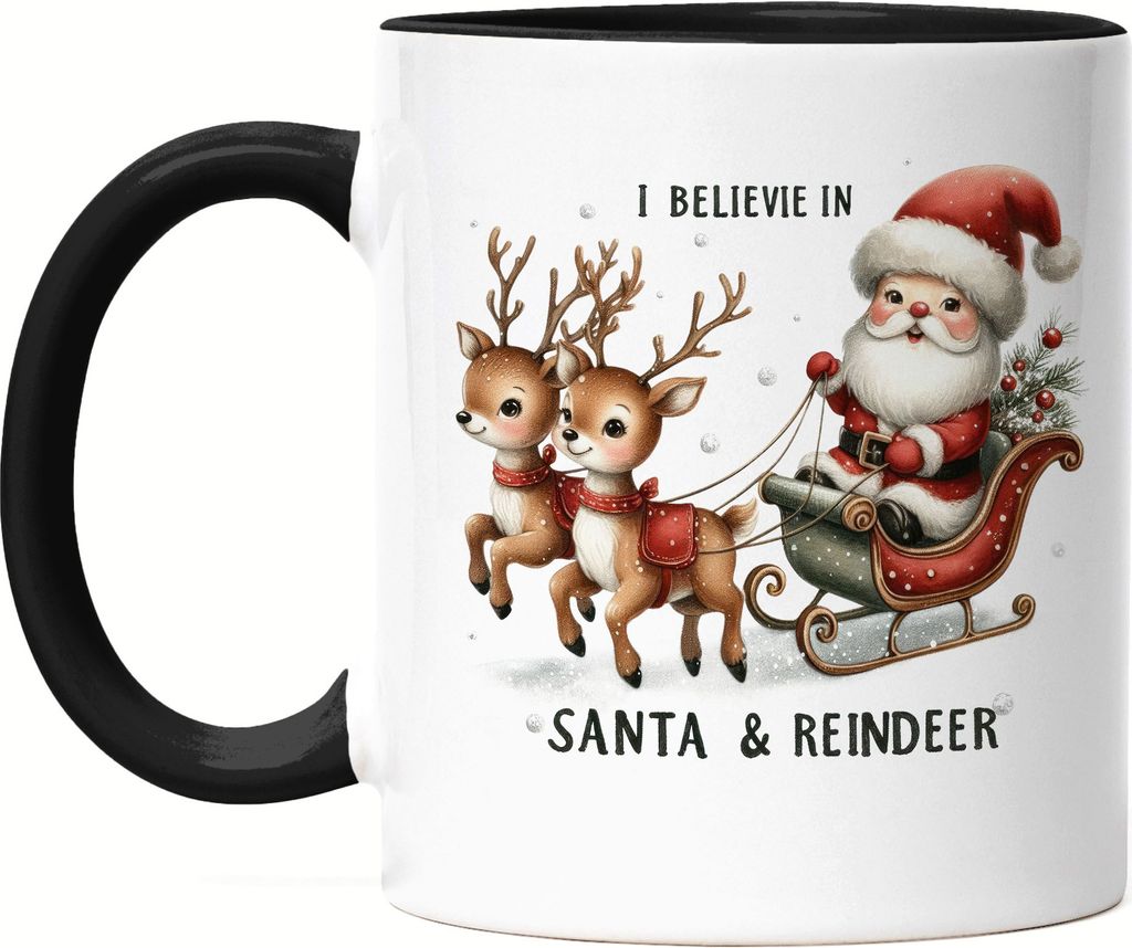 I Believe in Santa Reindeer Lustiges Weihnachtsmotiv Tasse Schwarz Geschenkidee witziges Design Weihnachten