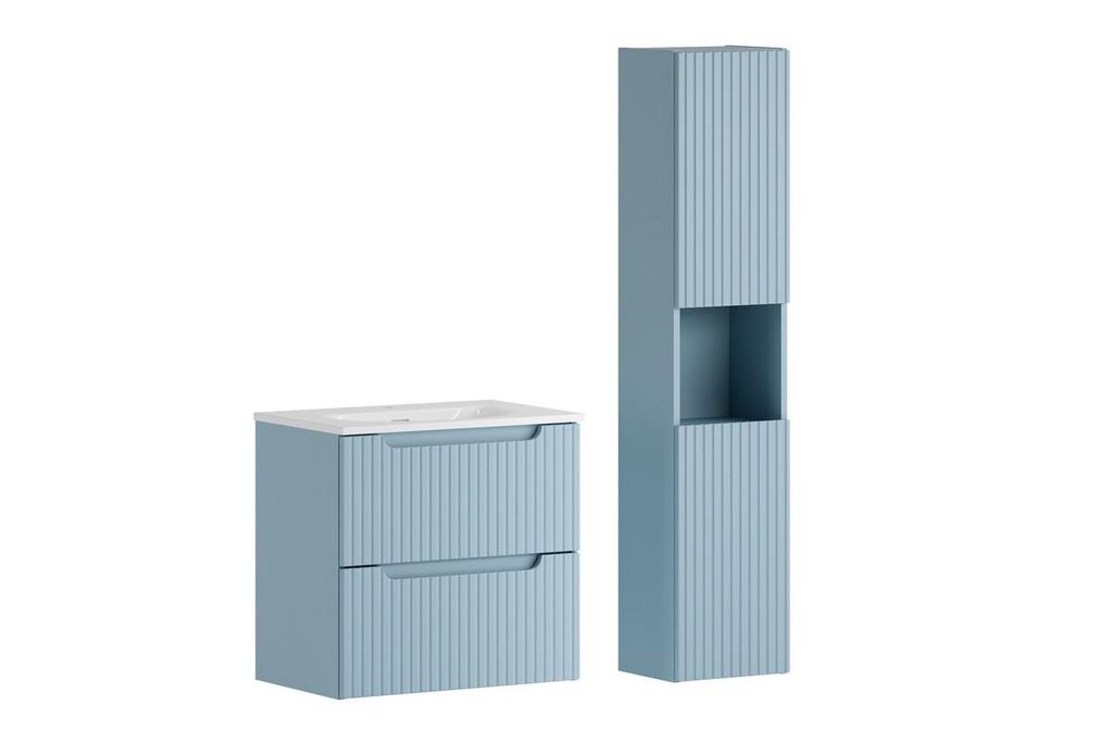 Badmöbel-Set Hochschrank 2 Türen Mit Einbauwaschbecken & Unterschrank 60 cm , Nova Denim N BM374 - Denim