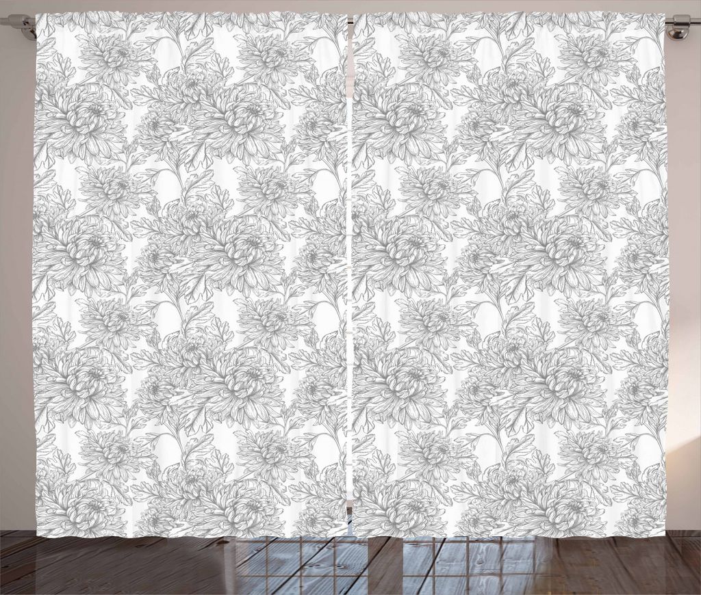 ABAKUHAUS Grau und Weiß Rustikaler Gardine, Chrysantheme, Schlafzimmer Kräuselband Vorhang mit Schlaufen und Haken, 280 x 225 cm, Pale Grau Weiß