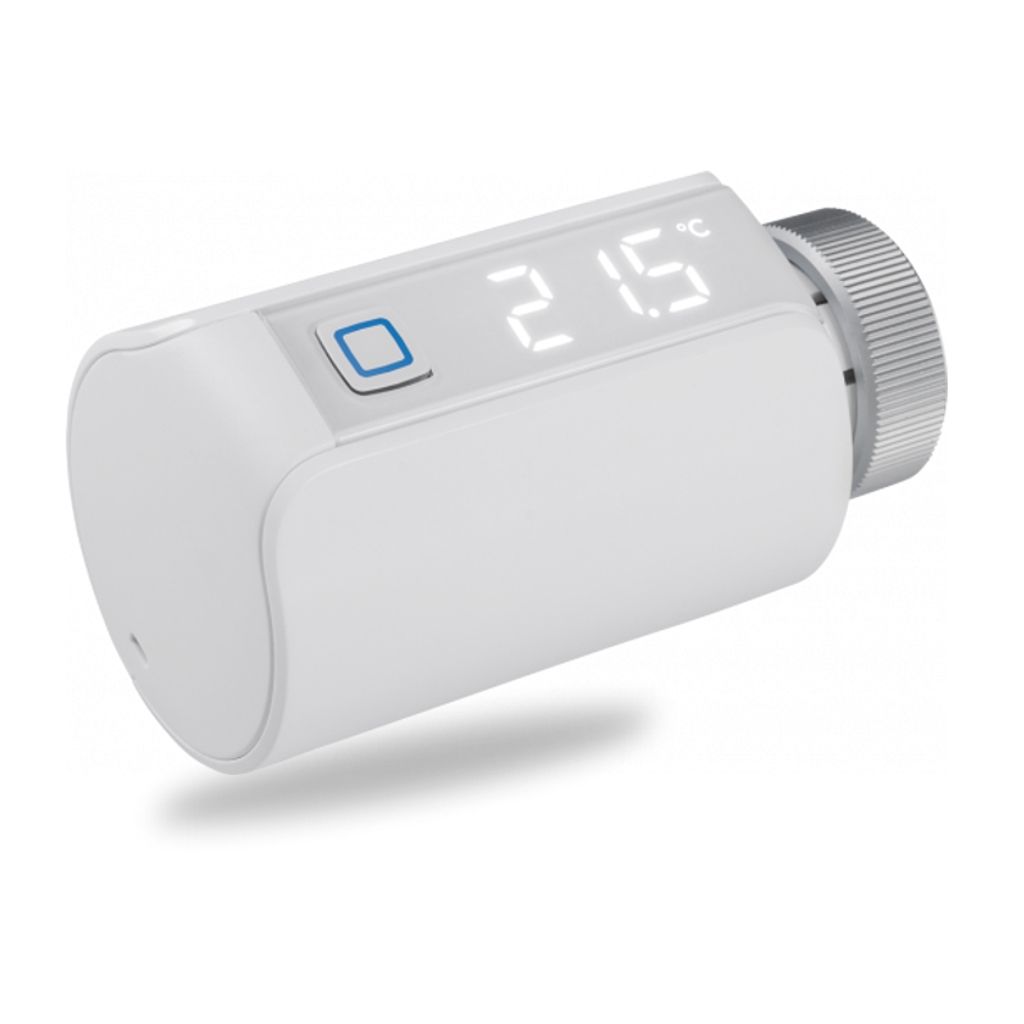 A white smart thermostat for a radiator is shown against a white background.