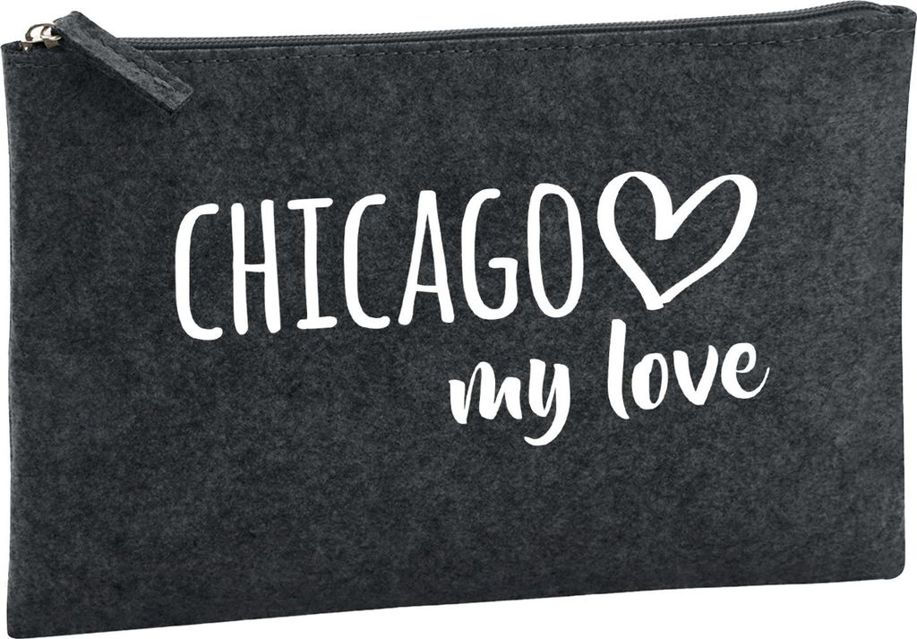 Huuraa Kulturbeutel Chicago my love 1 Liter Charcoal Filz Kosmetiktasche Geschenkidee