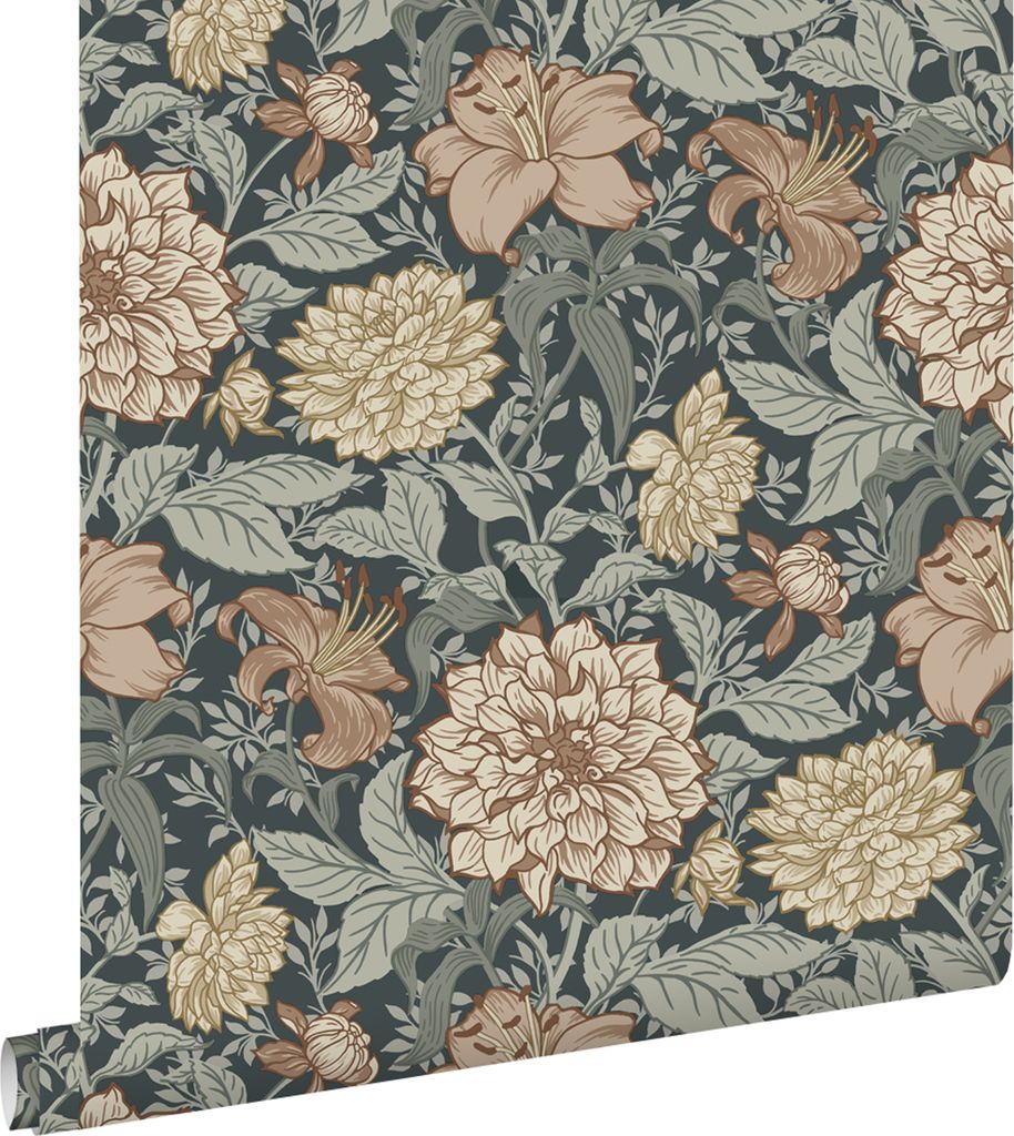 ESTAhome Tapete Blumenmuster Dunkelblau 53 cm x 10.05 m