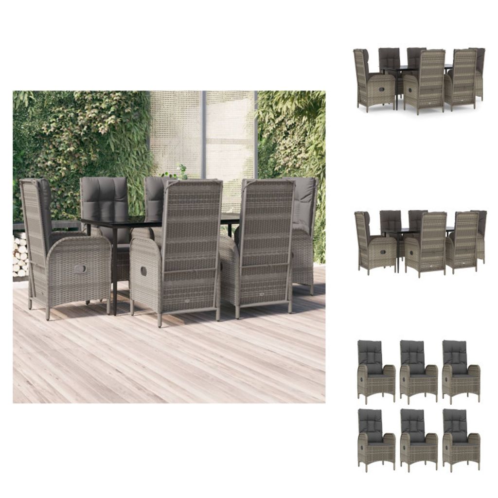 vidaXL 7-tlg. Garten-Essgruppe mit Kissen Schwarz und Grau Poly Rattan - Gartenmöbel-Sets
