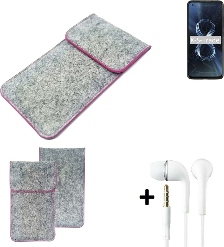 K-S-Trade Handy Schutz Hülle kompatibel mit Asus 8z Schutzhülle Handyhülle Filztasche Pouch Tasche Case Sleeve Filzhülle hellgrau pinker Rand +