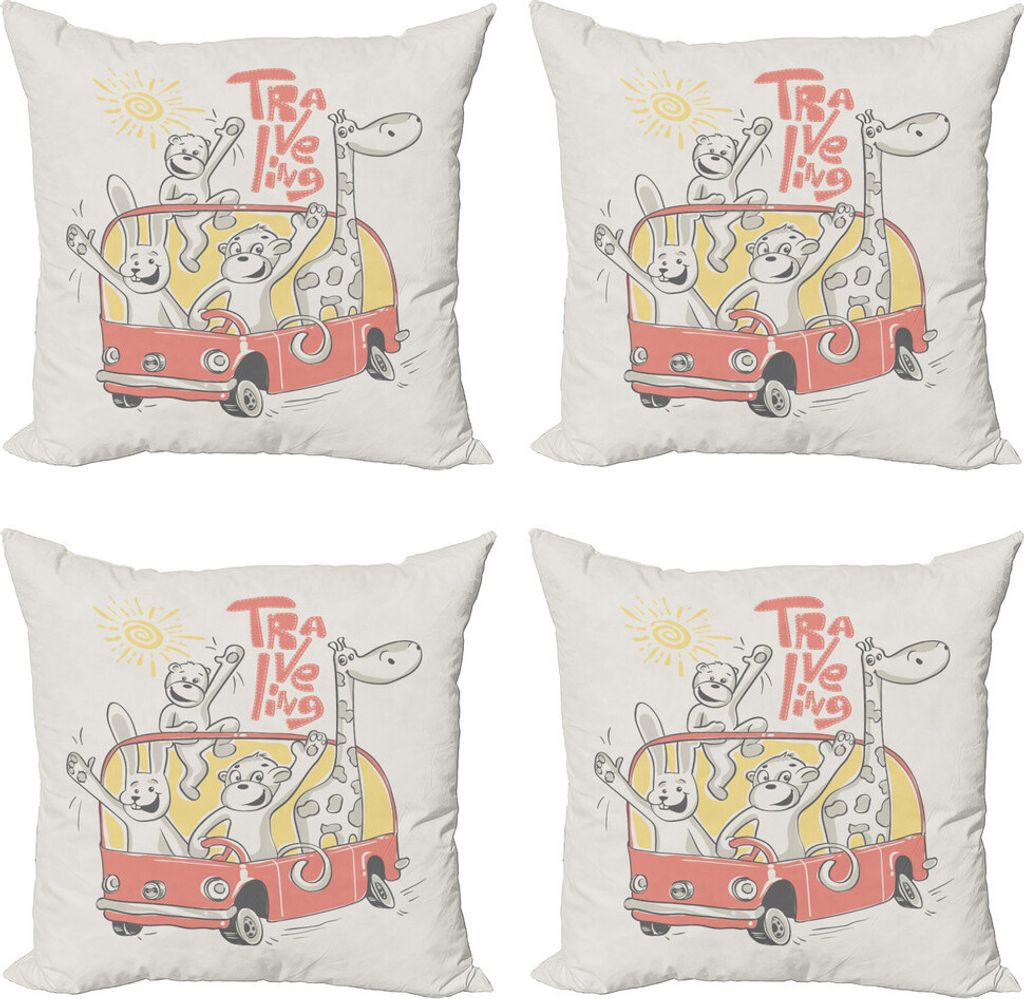 ABAKUHAUS Abenteuer Nursery Kissenbezug Set (4 Stück), Reisen Tiere, Moderner Doppelseitiger Digitaldruck, 45 cm x 45 cm, Blasse Orange und Lachs