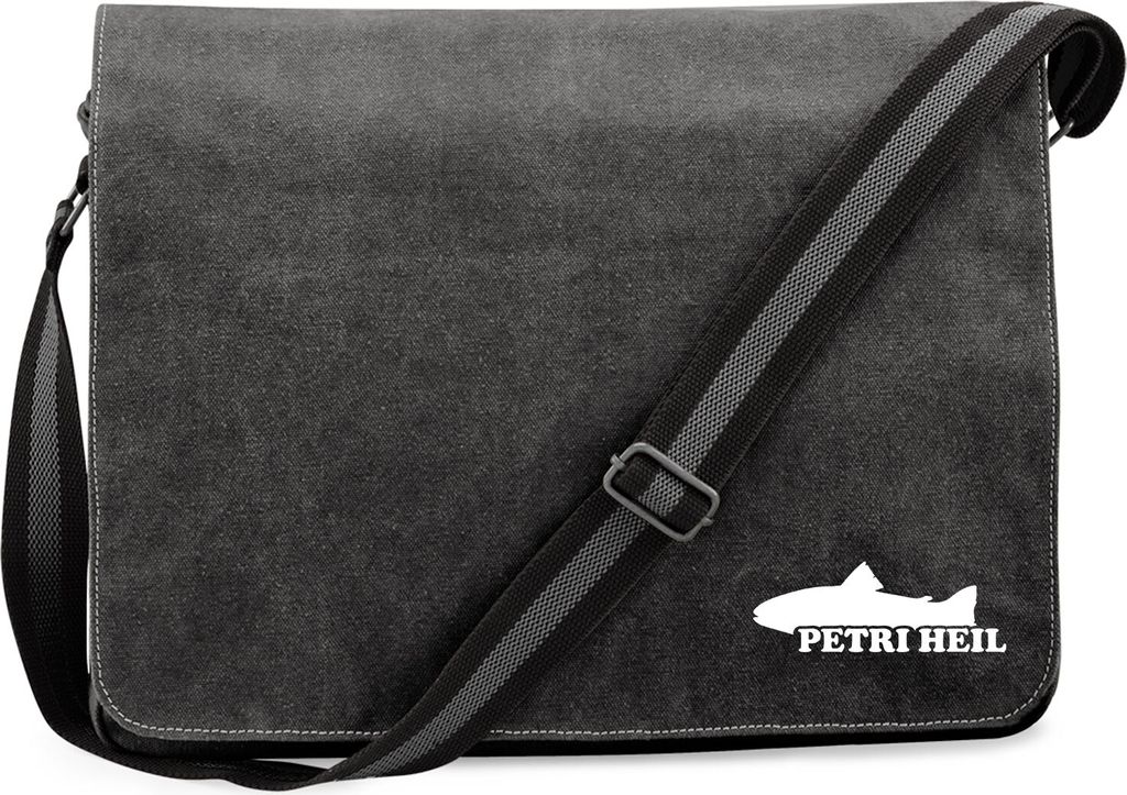Huuraa Umhängetasche Petri Heil Fischergruß 14 Liter Black Canvas Laptoptasche Geschenkidee