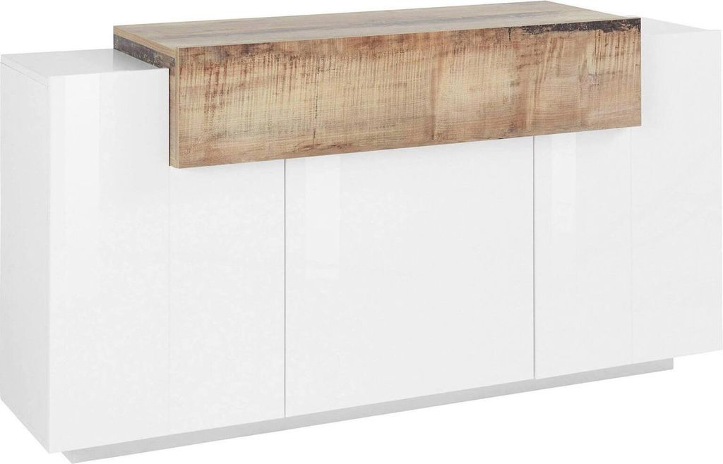 Kommode Sirio, Küchen-Sideboard mit 3 Türen, Wohnzimmer-Buffet, 100% Italy, cm 160x45h86, Weiß glänzend und Ahorn