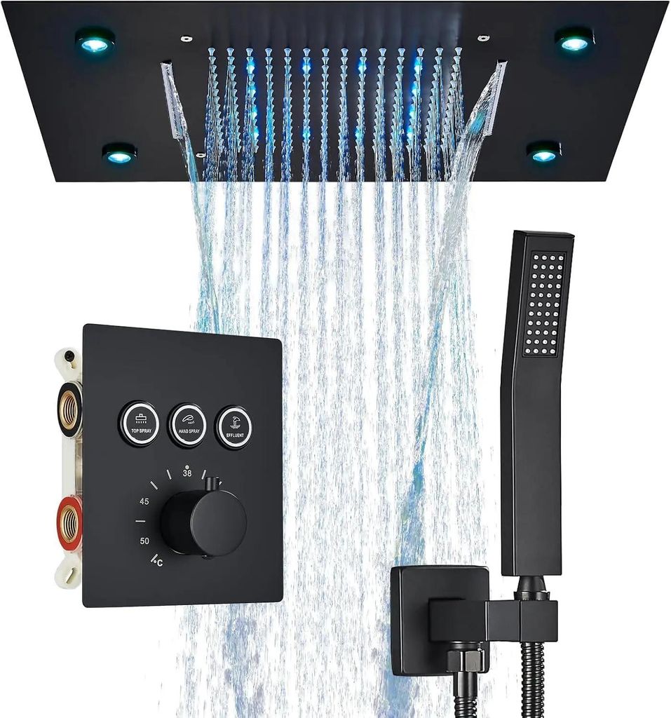 Badezimmer Duschsystem für Wanne & Dusche - Thermostatische Deckenbrause - LED Regen & Wasserfall - Farbwechsel per Fernbedienung - Kopf >40 cm - ...