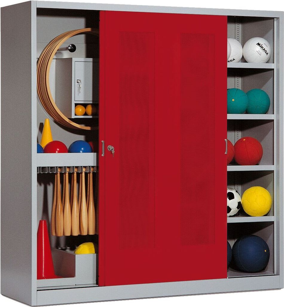 C+P Sportgeräteschrank mit Lochblech-Schiebetüren (Typ 5), HxBxT 195x190x60 cm, Rubinrot (RAL 3003), Lichtgrau (RAL 7035), Gleichschließung