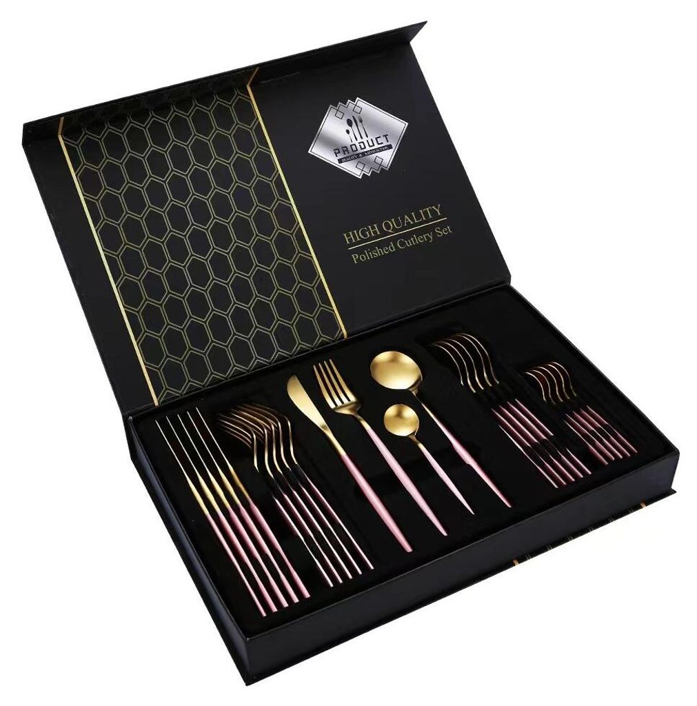 Besteck Set Edelstahl für 6 Personen 24-teiliges Besteckset hochglanzpoliert Spülmaschinenfest Luxury Box, Farben:Rose Gold