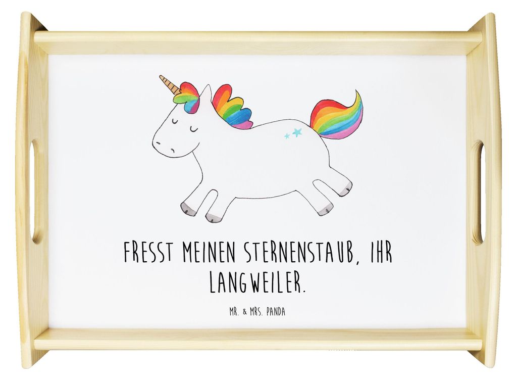 Mr. & Mrs. Panda Tablett Einhorn Happy - Weiß - Geschenk, aus holz, Einhörner, Lachen, Holztablett, Unicorn, Spaß, Lebensfreude, Sofa, Servier