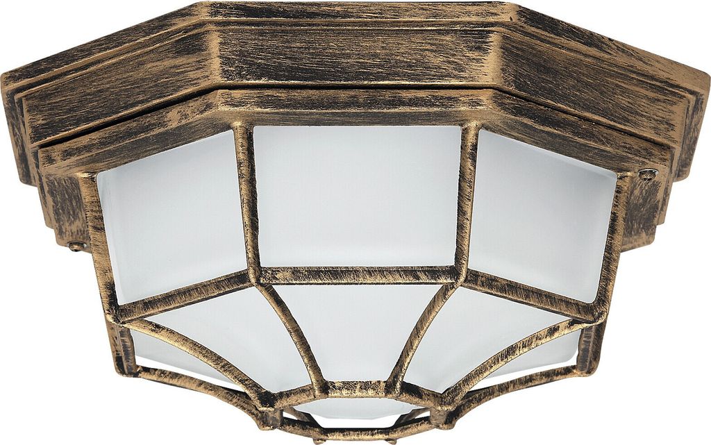 A close-up, straight-on view of an outdoor ceiling light fixture.