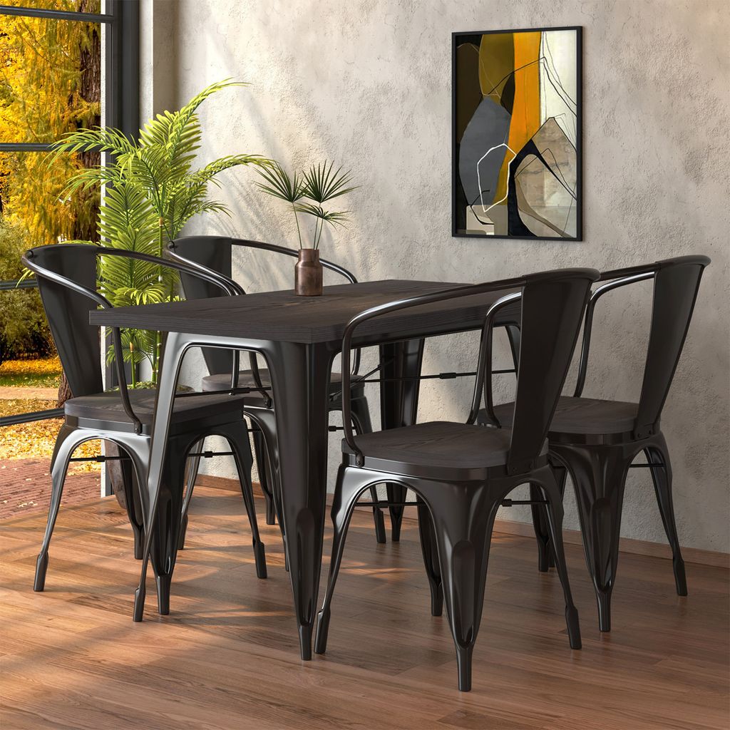 CALIFORNIA | Tolix Tisch- & Stuhl-Set | 4x Arm-Stuhl | 120x70cm | Wenge & Schwarz | Tolix Stuhl, Industrie Stuhl, Industrie Tisch