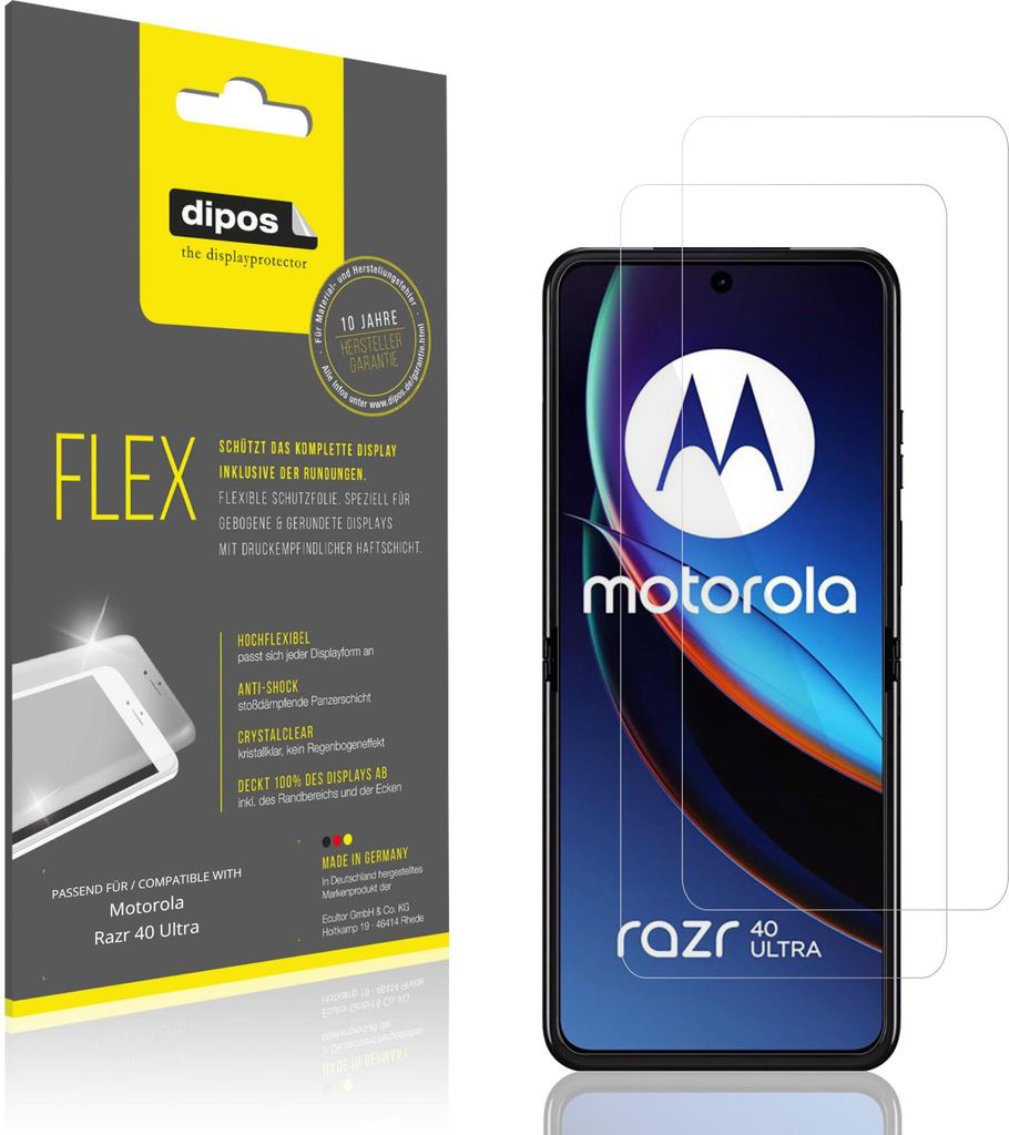 2x Schutzfolie für Motorola Razr 40 Ultra Folie, 100% Displayabdeckung, dipos Flex