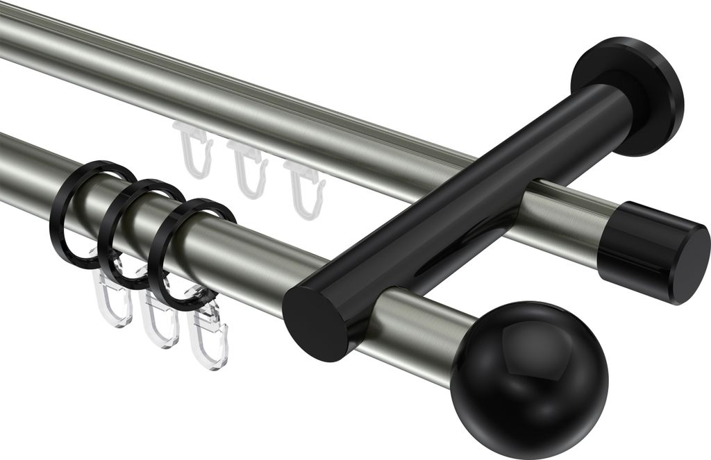 Interdeco Rundrohr-Innenlaufstange / Gardinenstange (Kombination) Edelstahl-Optik / Schwarz, Typ Platon Luino (Kugel), 20 mm Ø 2-läufig, 180 cm