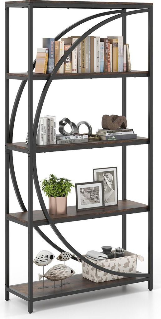 A freestanding bookshelf with multiple shelves, displaying various decorative items and books.