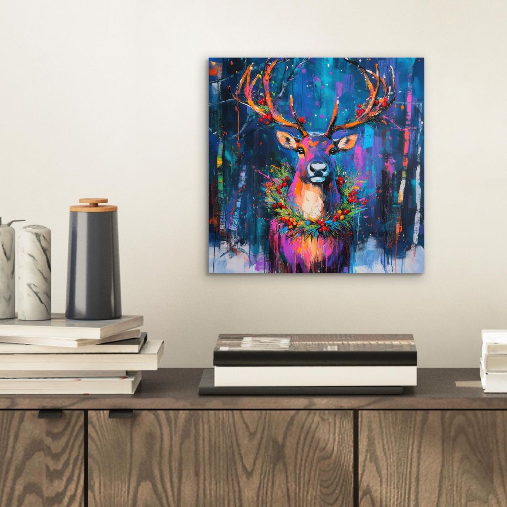 MuchoWow Wanddekoration Metall Metallbild Wandkunst 20x20 cm Rentier - Kranz - Märchenhaft - Blau MuchoWow Aluminium Gemälde - Alu Dibond Bilder