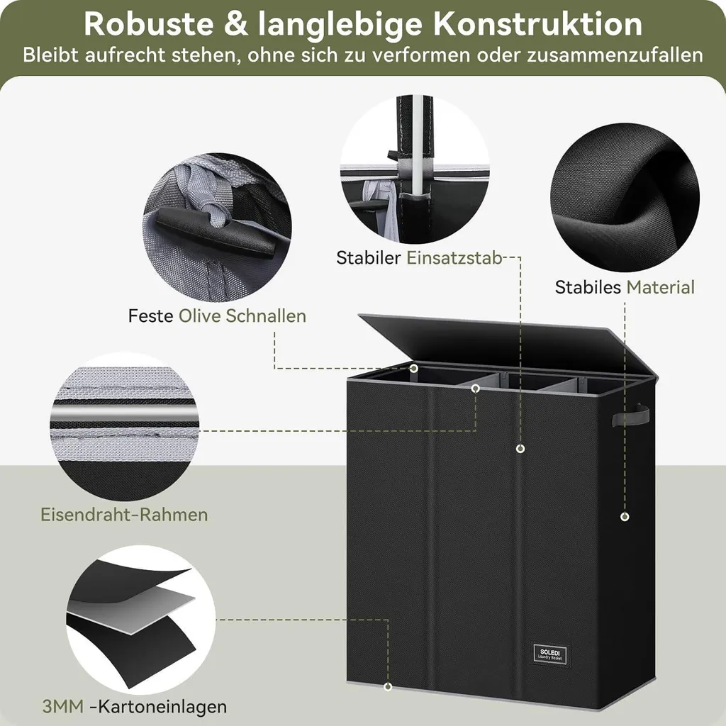 Panier à linge 160L avec 3 compartiments et couvercle noir - Modèle XL - 5