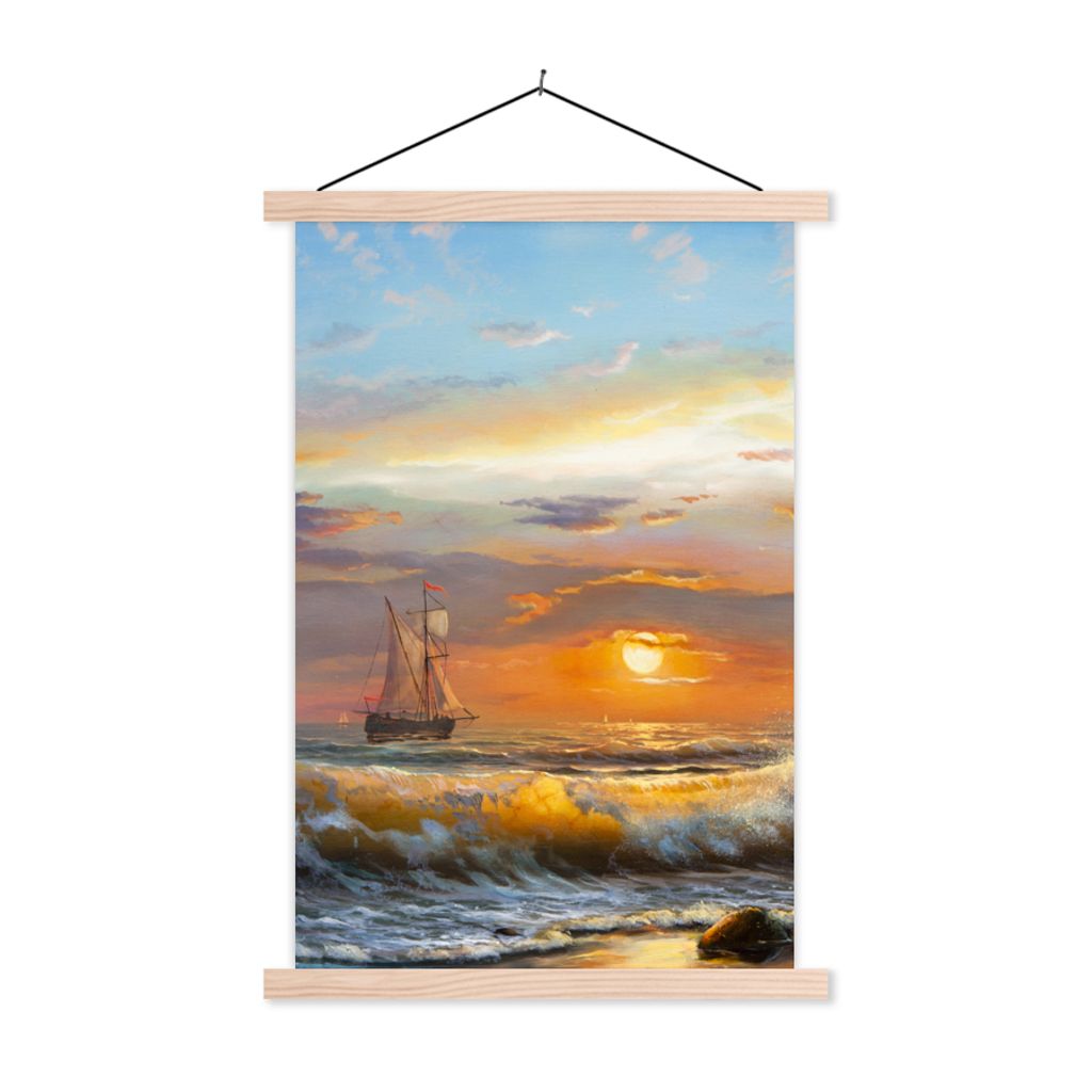 MuchoWow Textilposter Malerei - Wasser - Segelboot - Ölfarbe 120x180 cm mit holzfarbenen Rahmen - Textil-Plakat