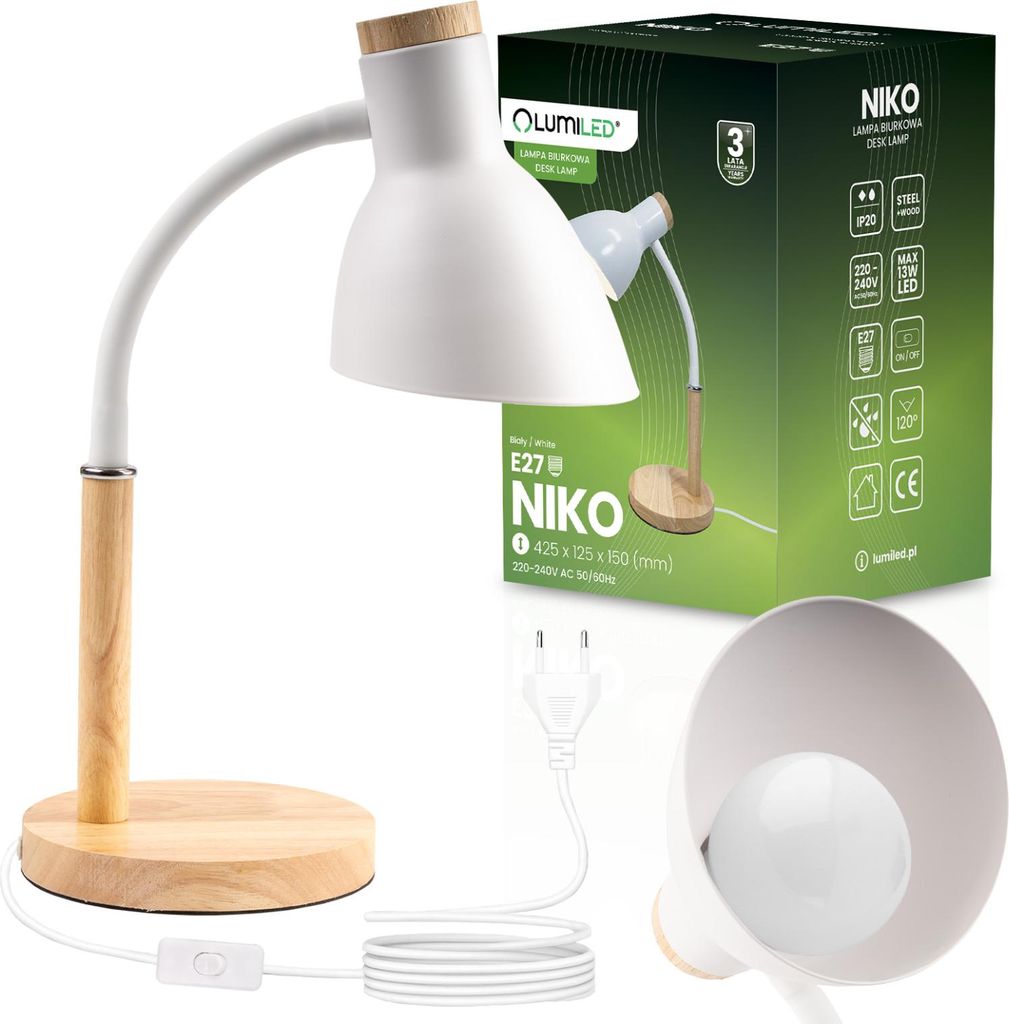 LUMILED Schreibtischlampe E27 Fassung 13W Weiß Holzdetails Produktbild 