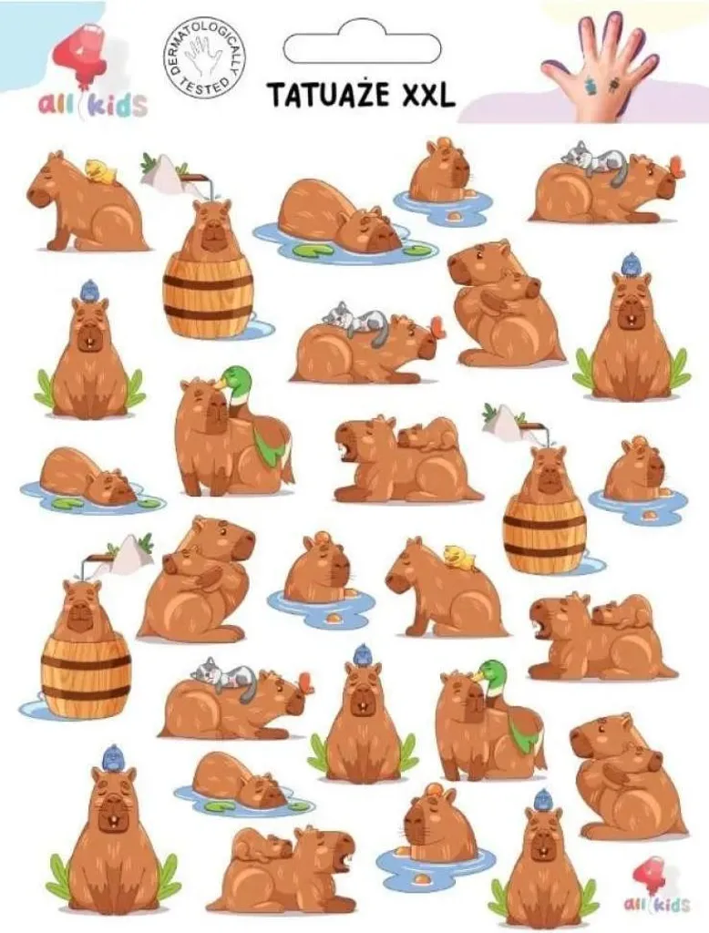 Tatouages Capybara Magiques et Lavables - Set XXL de 15 Motifs Colorés