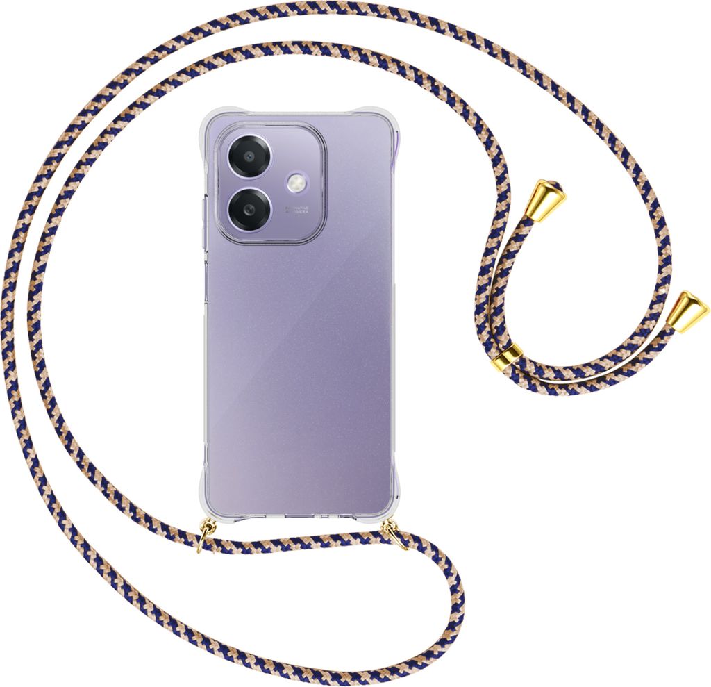 Handykette Backcover-Schutzhülle mit Band (Metall goldfarben) für OPPO A3X 5G - blau+beige
