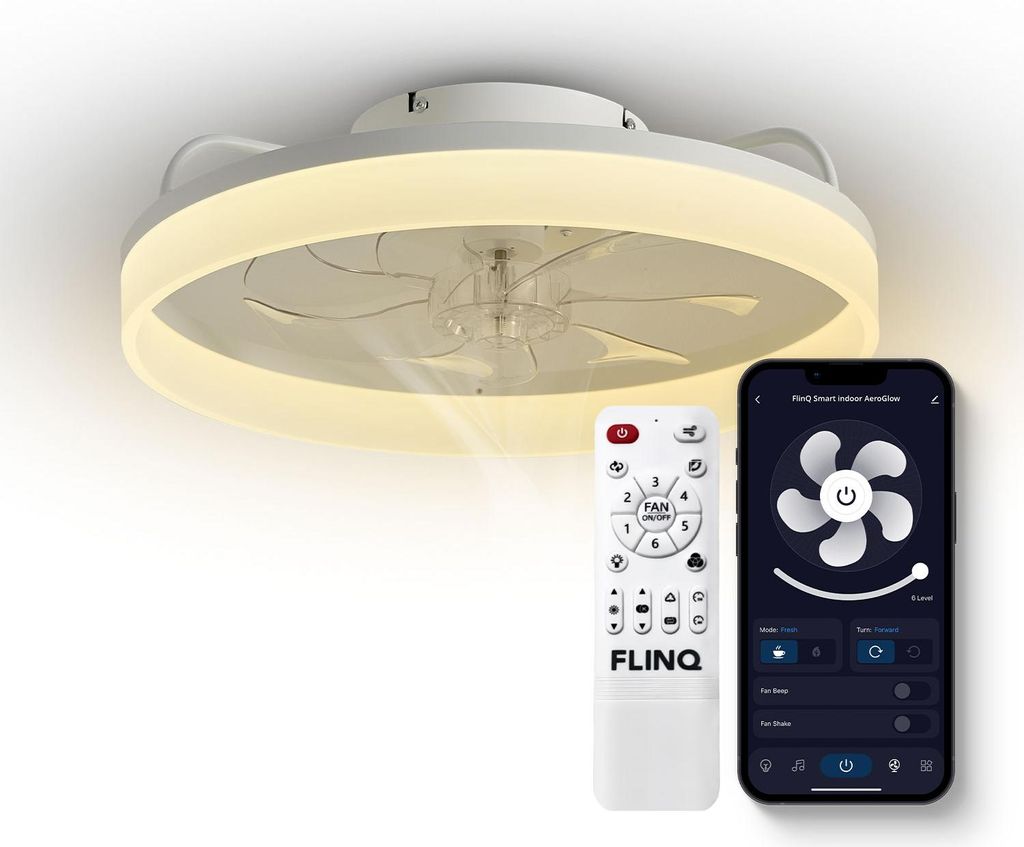 FlinQ AeroGlow Smart Deckenventilator mit Beleuchtung – Ideal fürs Schlafzimmer – Steuerbar per App oder Fernbedienung - Weiß